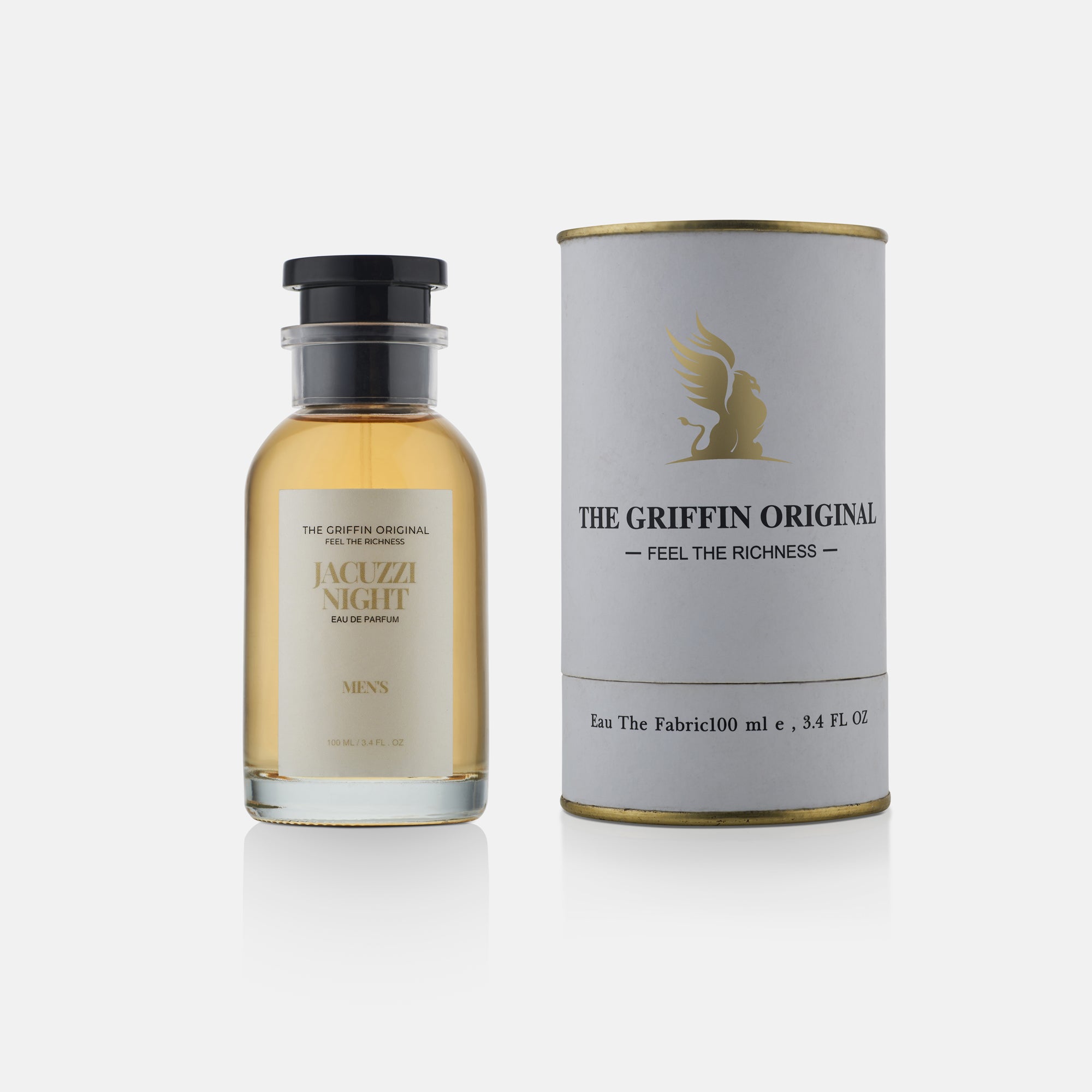 Bottle and cylindrical packaging of 'The Griffin Original' fragrance on a white background