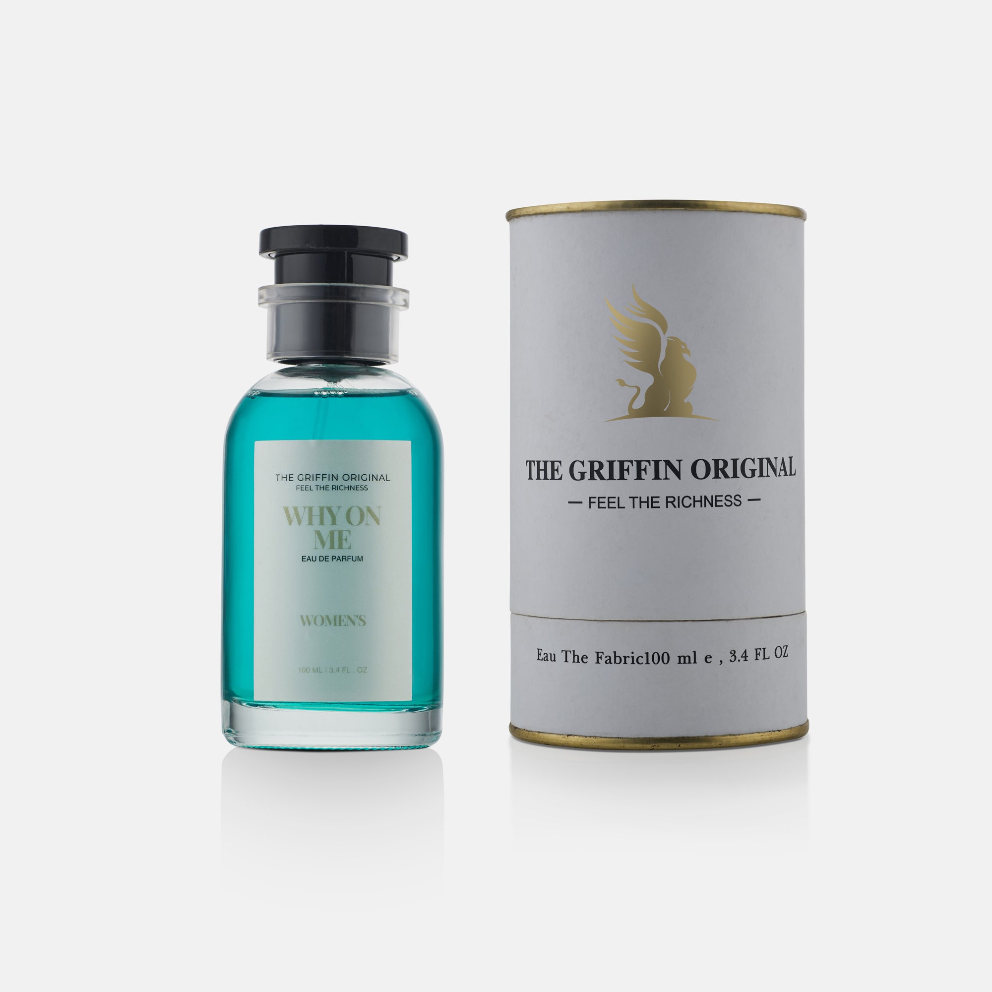 Teal perfume bottle and gray cylindrical container with 'The Griffin Original' branding on a white background.
