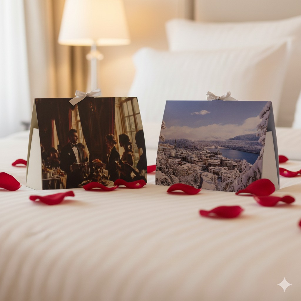 Two photo cards on a bed with red rose petals, one showing a formal event and the other a scenic view.