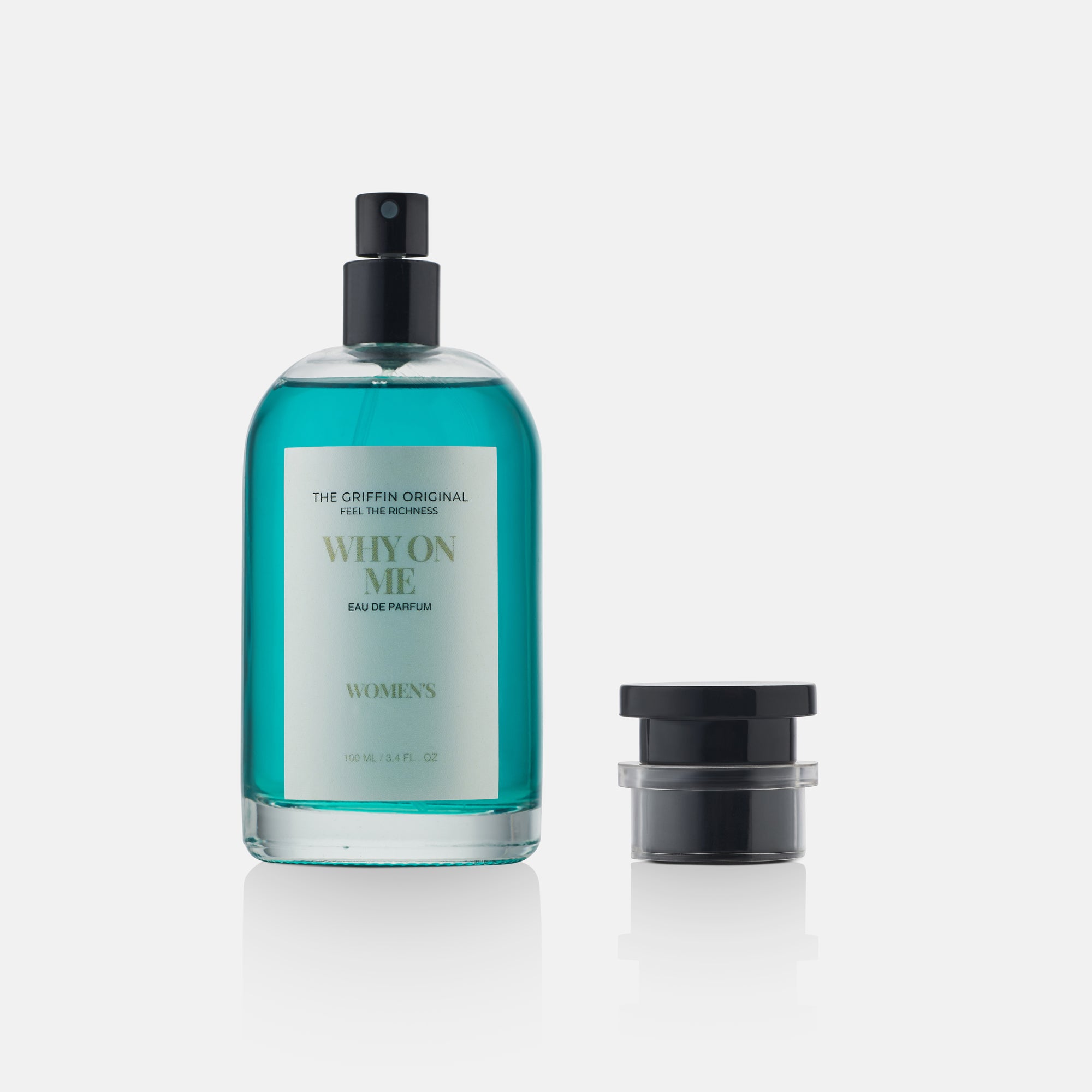 Perfume bottle labeled 'Why On Me' on a white background